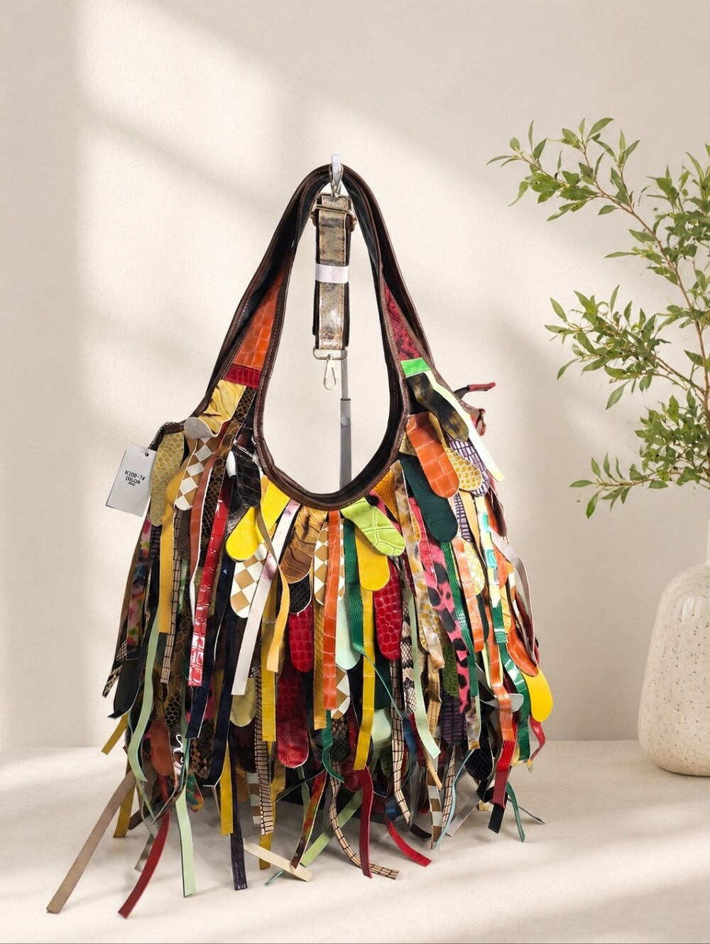 Multicolor Fringe Genuine Leather Hobo Bag Patchwork Boho Shoulder Purse NWT - Picture 1 of 7